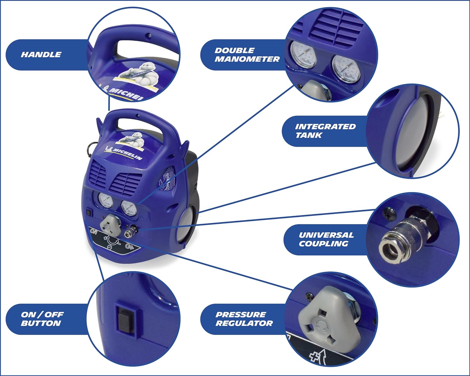 Přenosný, kompaktní, tichý, bezolejový kompresor, 8 barů, 6 l, 1,1 kW, 160 l./ min., 230V, MICHELIN MCX 6U